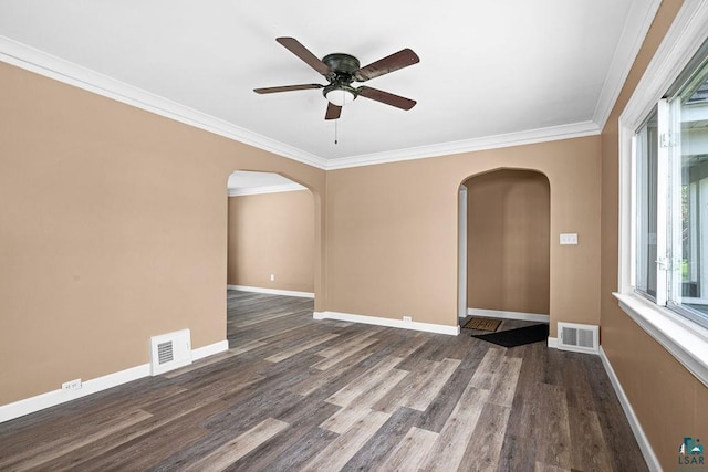 4124 Gilliat St, Duluth, MN 55804 - unfurnished room with arched walkways, crown molding, wood finished floors, and ceiling fan