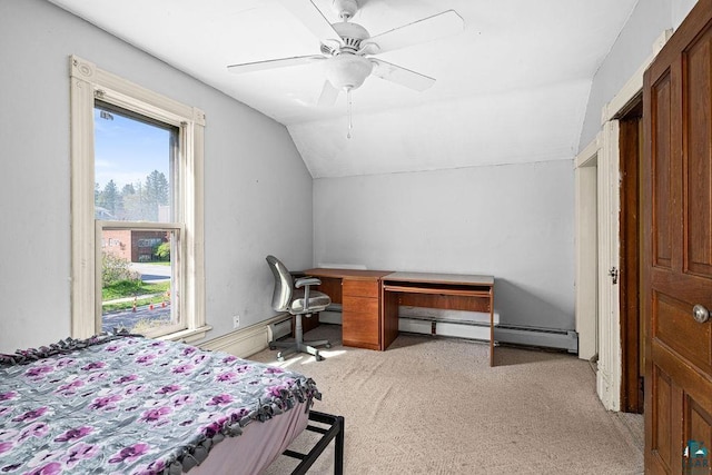 2718 W 3rd St, Duluth, MN 55806 - bedroom featuring vaulted ceiling, light colored carpet, a baseboard heating unit, and a ceiling fan