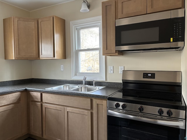1417 N 7th Ave E, Duluth, MN 55805 - kitchen with appliances with stainless steel finishes, a sink, dark countertops, and crown molding