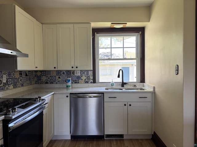 620 N 40th Ave W, Duluth, MN 55807 - kitchen with stainless steel appliances, a sink, wall chimney range hood, and white cabinets