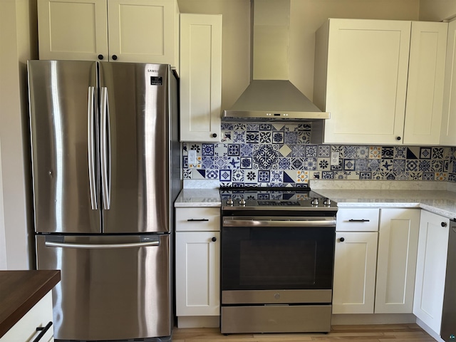 620 N 40th Ave W, Duluth, MN 55807 - kitchen featuring stainless steel appliances, wall chimney exhaust hood, tasteful backsplash, and white cabinetry