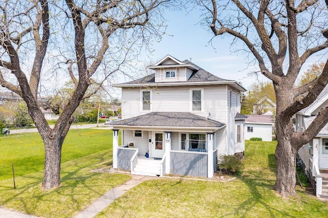 26 N 59th Ave W, Duluth, MN 55807 - view of front of house featuring covered porch, a front lawn, and a shingled roof
