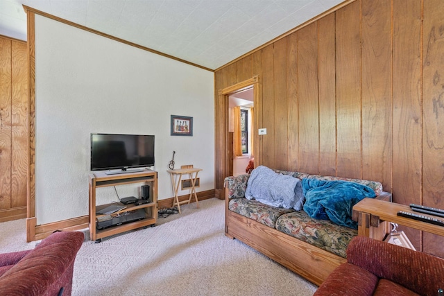 1730 Piedmont Ave, Duluth, MN 55811 - carpeted living room featuring wood walls, ornamental molding, and baseboards