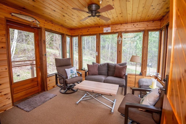 258 Soderberg Ln, Grand Marais, MN 55604 - sunroom featuring carpet, wood walls, healthy amount of natural light, and wooden ceiling