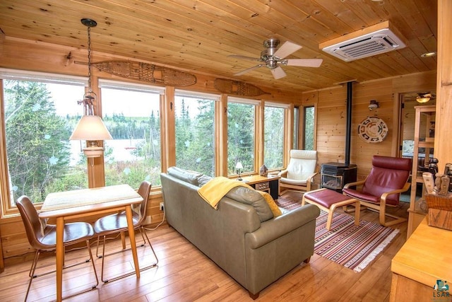 258 Soderberg Ln, Grand Marais, MN 55604 - living area with a wood stove, wooden ceiling, ceiling fan, healthy amount of natural light, and light wood-style flooring