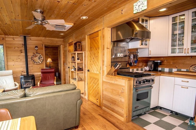258 Soderberg Ln, Grand Marais, MN 55604 - kitchen with exhaust hood, premium stove, a wood stove, wood ceiling, and wooden walls