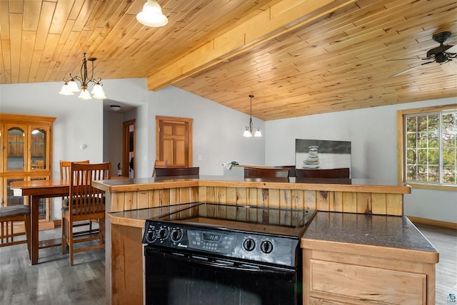 4527 Vermilion Trl, Gilbert, MN 55741 - kitchen featuring black electric range, a chandelier, wood finished floors, and wooden ceiling