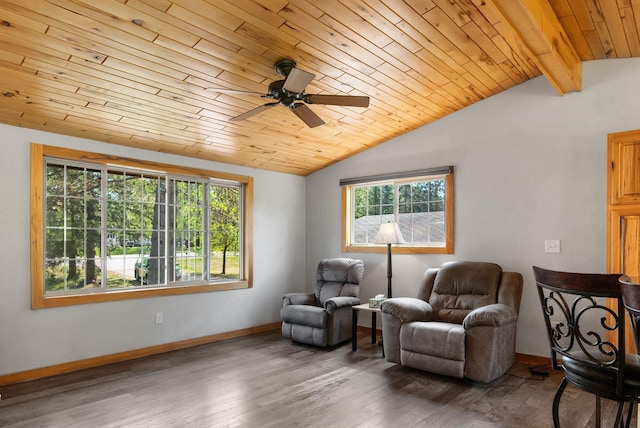 4527 Vermilion Trl, Gilbert, MN 55741 - living area featuring wooden ceiling, wood finished floors, a ceiling fan, and baseboards