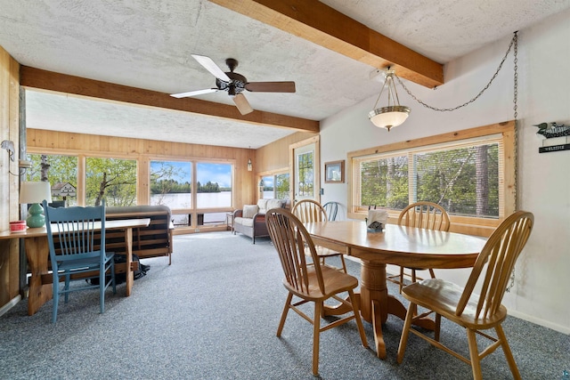 9320 W Branch Rd, Duluth, MN 55803 - dining room featuring beamed ceiling, a textured ceiling, carpet floors, a water view, and a ceiling fan