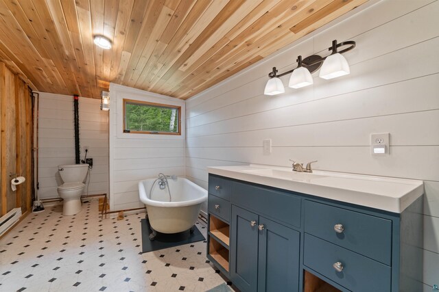9320 W Branch Rd, Duluth, MN 55803 - bathroom with tile patterned floors, a freestanding tub, wooden walls, vanity, and wooden ceiling