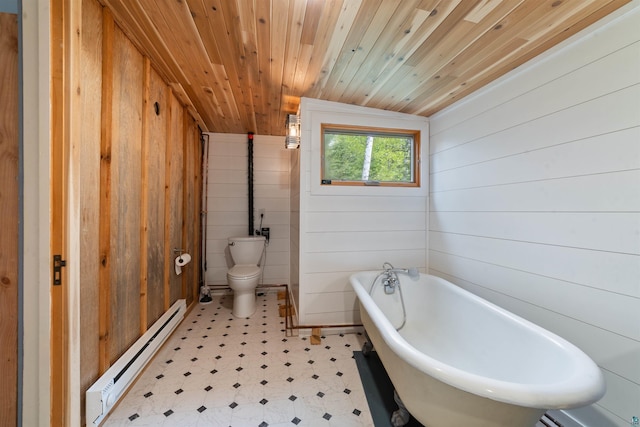 9320 W Branch Rd, Duluth, MN 55803 - full bathroom with tile patterned floors, baseboard heating, a soaking tub, wooden walls, and wood ceiling