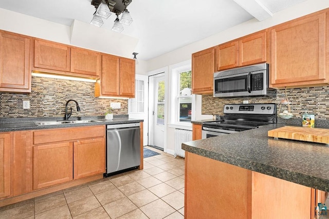 619 W Skyline Pkwy, Duluth, MN 55806 - kitchen featuring appliances with stainless steel finishes, a sink, tasteful backsplash, dark countertops, and light tile patterned floors
