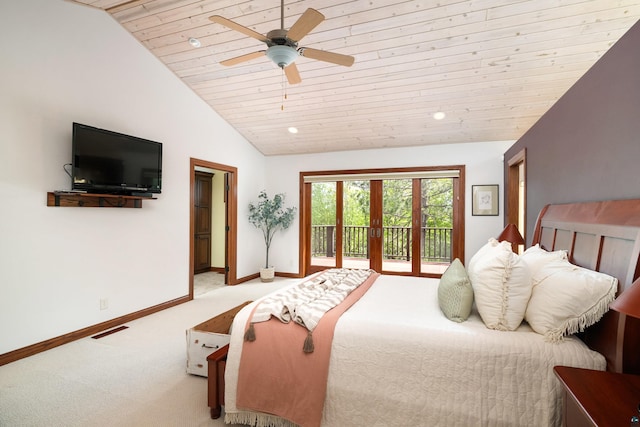 596 W Wabasha St, Duluth, MN 55803 - bedroom featuring access to exterior, carpet flooring, wood ceiling, baseboards, and lofted ceiling