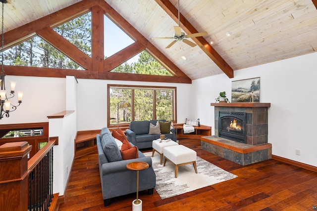596 W Wabasha St, Duluth, MN 55803 - living room featuring a chandelier, wood-type flooring, high vaulted ceiling, a tiled fireplace, and ceiling fan