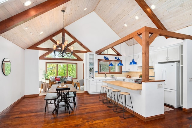 596 W Wabasha St, Duluth, MN 55803 - dining space with a chandelier, high vaulted ceiling, dark wood-style floors, wooden ceiling with exposed beams, and baseboards
