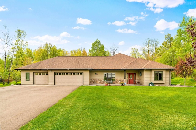5036 Silver Leaf St, Hermantown, MN 55811 - view of front of house with a front lawn, driveway, an attached garage, a shingled roof, and stone siding
