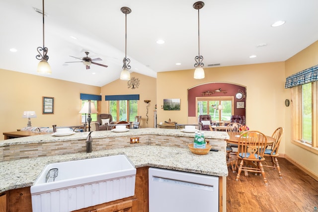 5036 Silver Leaf St, Hermantown, MN 55811 - kitchen featuring white dishwasher, light wood-style floors, a sink, ceiling fan, and pendant lighting