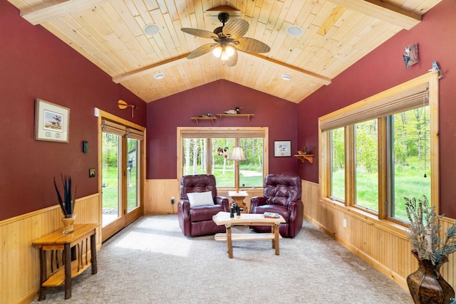 5036 Silver Leaf St, Hermantown, MN 55811 - sitting room featuring a wainscoted wall, wood ceiling, wooden walls, a ceiling fan, and carpet