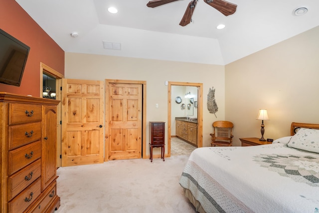 5036 Silver Leaf St, Hermantown, MN 55811 - bedroom featuring light colored carpet, connected bathroom, recessed lighting, and ceiling fan