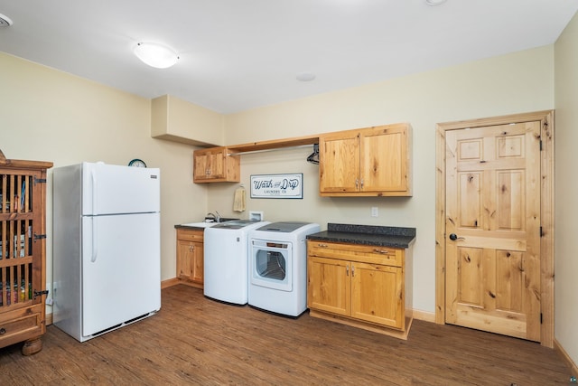 5036 Silver Leaf St, Hermantown, MN 55811 - laundry area featuring dark wood-style flooring, cabinet space, independent washer and dryer, and baseboards