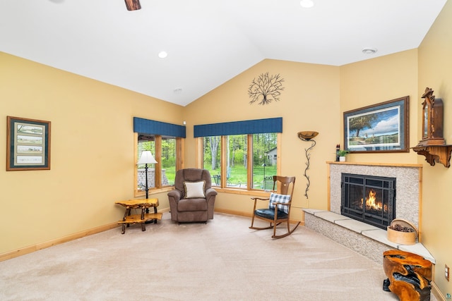 5036 Silver Leaf St, Hermantown, MN 55811 - living area featuring carpet, a warm lit fireplace, baseboards, high vaulted ceiling, and recessed lighting