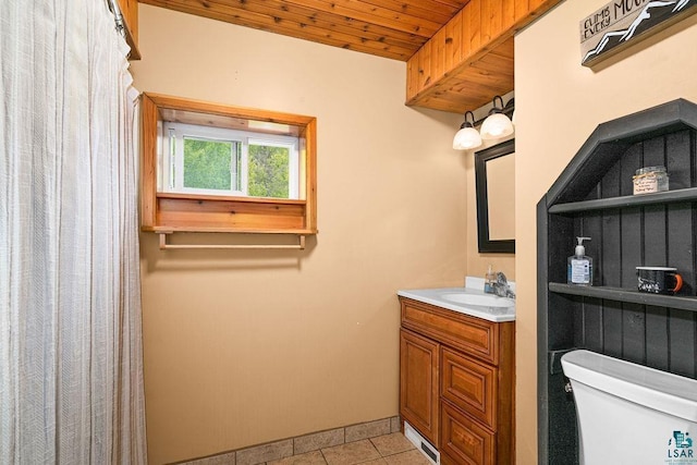 13107 W 9th St, Duluth, MN 55808 - bathroom featuring vanity, toilet, tile patterned flooring, wooden ceiling, and baseboards