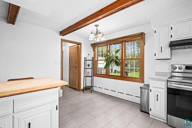 13107 W 9th St, Duluth, MN 55808 - kitchen with electric stove, baseboard heating, under cabinet range hood, beam ceiling, and a chandelier