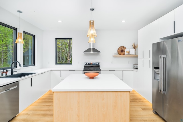2413 Lismore Rd, Duluth, MN 55804 - kitchen featuring appliances with stainless steel finishes, a sink, modern cabinets, open shelves, and light wood finished floors