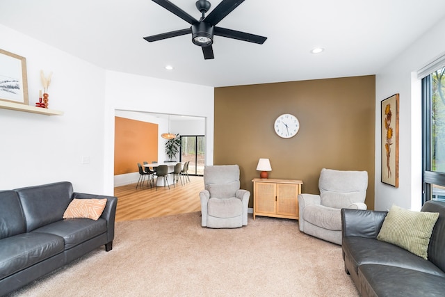 2413 Lismore Rd, Duluth, MN 55804 - living room featuring a ceiling fan, recessed lighting, and light colored carpet