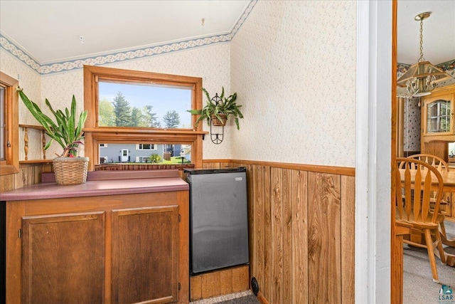2715 Triggs Ave, Duluth, MN 55811 - bar area with wallpapered walls, wainscoting, wooden walls, and carpet floors