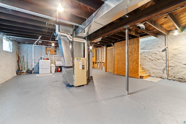 601 N 22nd Ave W, Duluth, MN 55806 - unfinished below grade area with heating unit, stairway, water heater, and washing machine and dryer