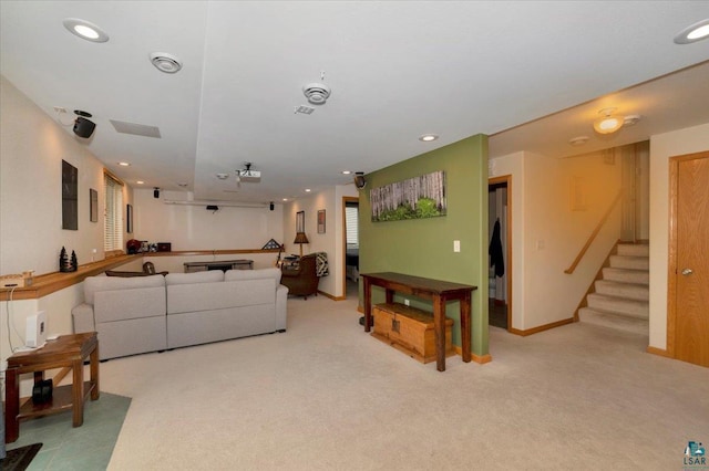 1505 Coachlight Crk, Proctor, MN 55810 - living room featuring light carpet, stairs, and recessed lighting