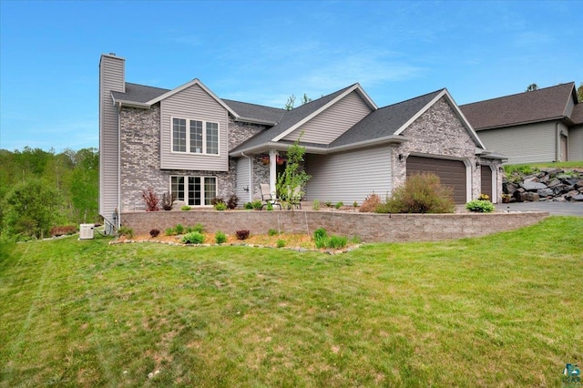 1505 Coachlight Crk, Proctor, MN 55810 - view of front of property featuring a chimney, a garage, brick siding, and a front yard