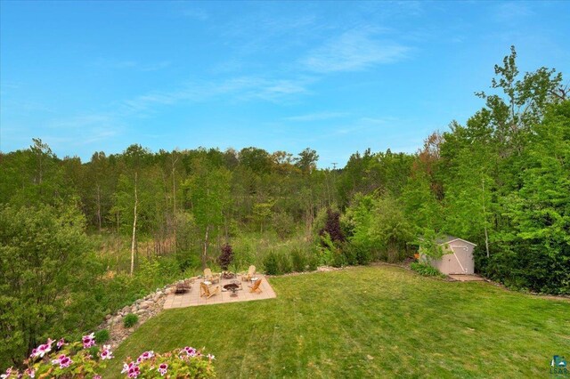 1505 Coachlight Crk, Proctor, MN 55810 - view of green lawn with a fire pit, a forest view, and a patio area