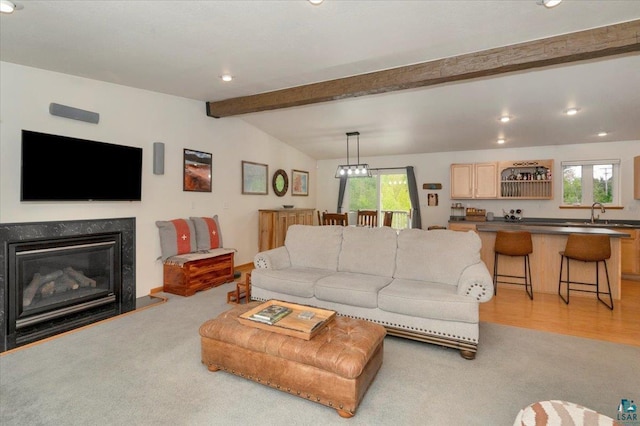 1505 Coachlight Crk, Proctor, MN 55810 - living area with recessed lighting, light carpet, and a fireplace