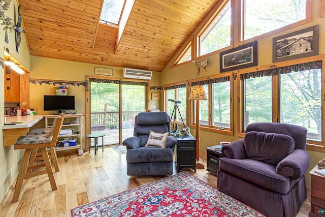 3984 Stocking Point Dr, Ely, MN 55731 - living room with light wood finished floors, a skylight, high vaulted ceiling, wood ceiling, and a wall unit AC