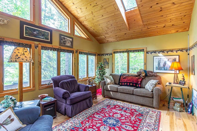 3984 Stocking Point Dr, Ely, MN 55731 - living area featuring wood finished floors, plenty of natural light, wooden ceiling, high vaulted ceiling, and a skylight