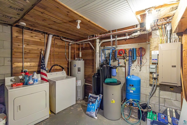 3984 Stocking Point Dr, Ely, MN 55731 - unfinished basement with electric panel, a water pressure tank, electric water heater, independent washer and dryer, and concrete block wall