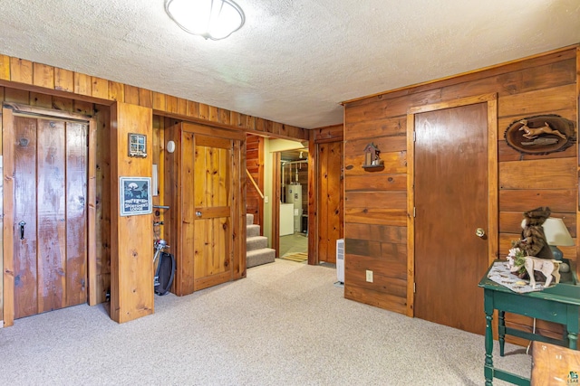 3984 Stocking Point Dr, Ely, MN 55731 - bedroom with carpet flooring, wood walls, electric water heater, and a textured ceiling