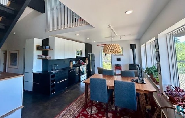 328 Gunflint Trl, Grand Marais, MN 55604 - dining area featuring a wood stove, plenty of natural light, finished concrete floors, and rail lighting