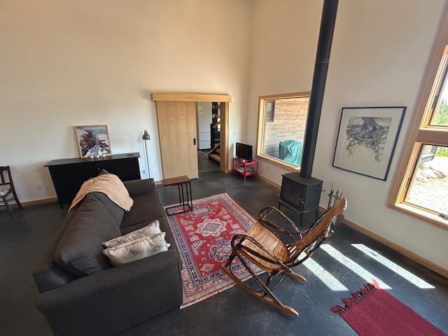 328 Gunflint Trl, Grand Marais, MN 55604 - carpeted living area featuring a wood stove, a high ceiling, and baseboards
