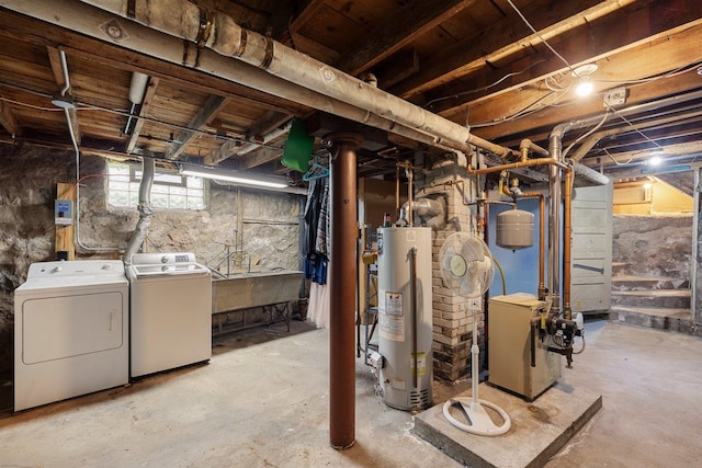 620 Hayes St, Eveleth, MN 55734 - basement with water heater, washer and dryer, a heating unit, and a sink