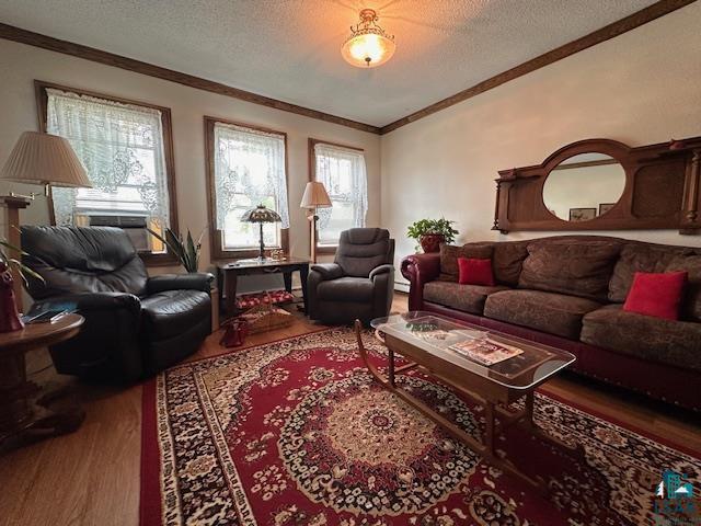 1601 W 4th Ave, International Falls, MN 56649 - living area featuring wood finished floors, a textured ceiling, ornamental molding, plenty of natural light, and baseboard heating