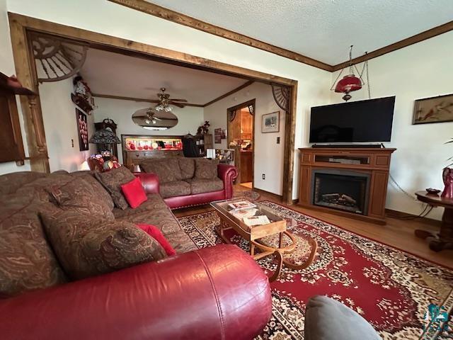 1601 W 4th Ave, International Falls, MN 56649 - living area with crown molding, a fireplace, a ceiling fan, baseboards, and a textured ceiling