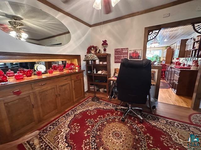 1601 W 4th Ave, International Falls, MN 56649 - office featuring ceiling fan, light wood-style flooring, and crown molding
