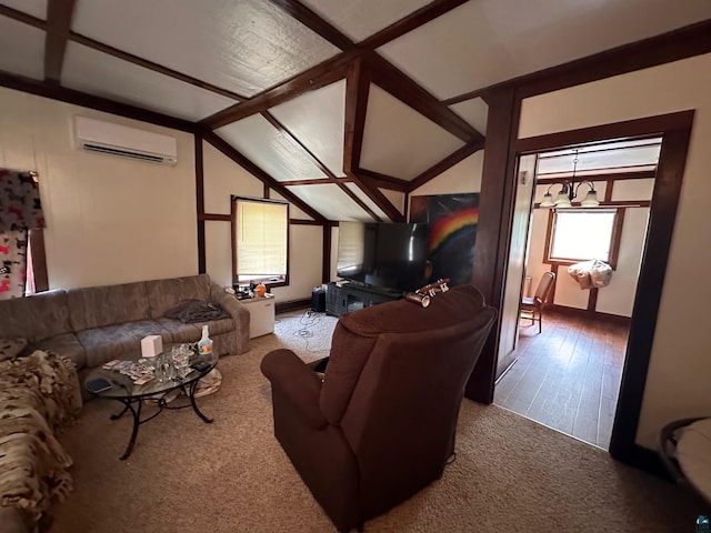1601 W 4th Ave, International Falls, MN 56649 - living room featuring a wall mounted AC, vaulted ceiling, and carpet