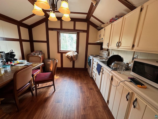 1601 W 4th Ave, International Falls, MN 56649 - kitchen with white appliances, dark wood-style flooring, light countertops, under cabinet range hood, and baseboards