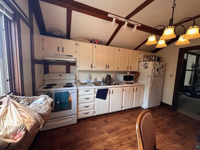 1601 W 4th Ave, International Falls, MN 56649 - kitchen with white appliances, under cabinet range hood, white cabinetry, light countertops, and a sink
