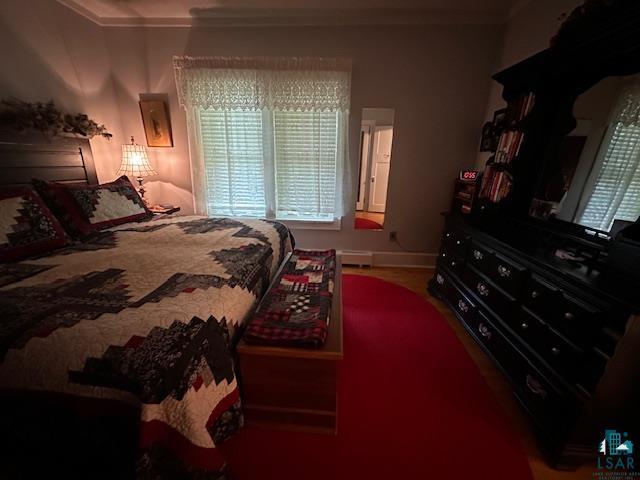 1601 W 4th Ave, International Falls, MN 56649 - carpeted bedroom with baseboards, ornamental molding, and a baseboard heating unit