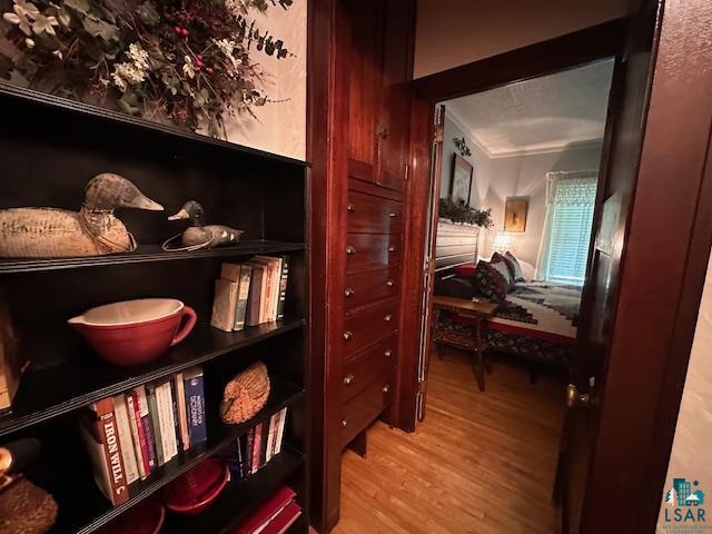 1601 W 4th Ave, International Falls, MN 56649 - corridor with light wood-style floors and ornamental molding